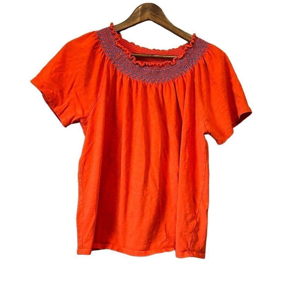 Orange‎ Smocked Neck Top Short Sleeve Casual Blouse